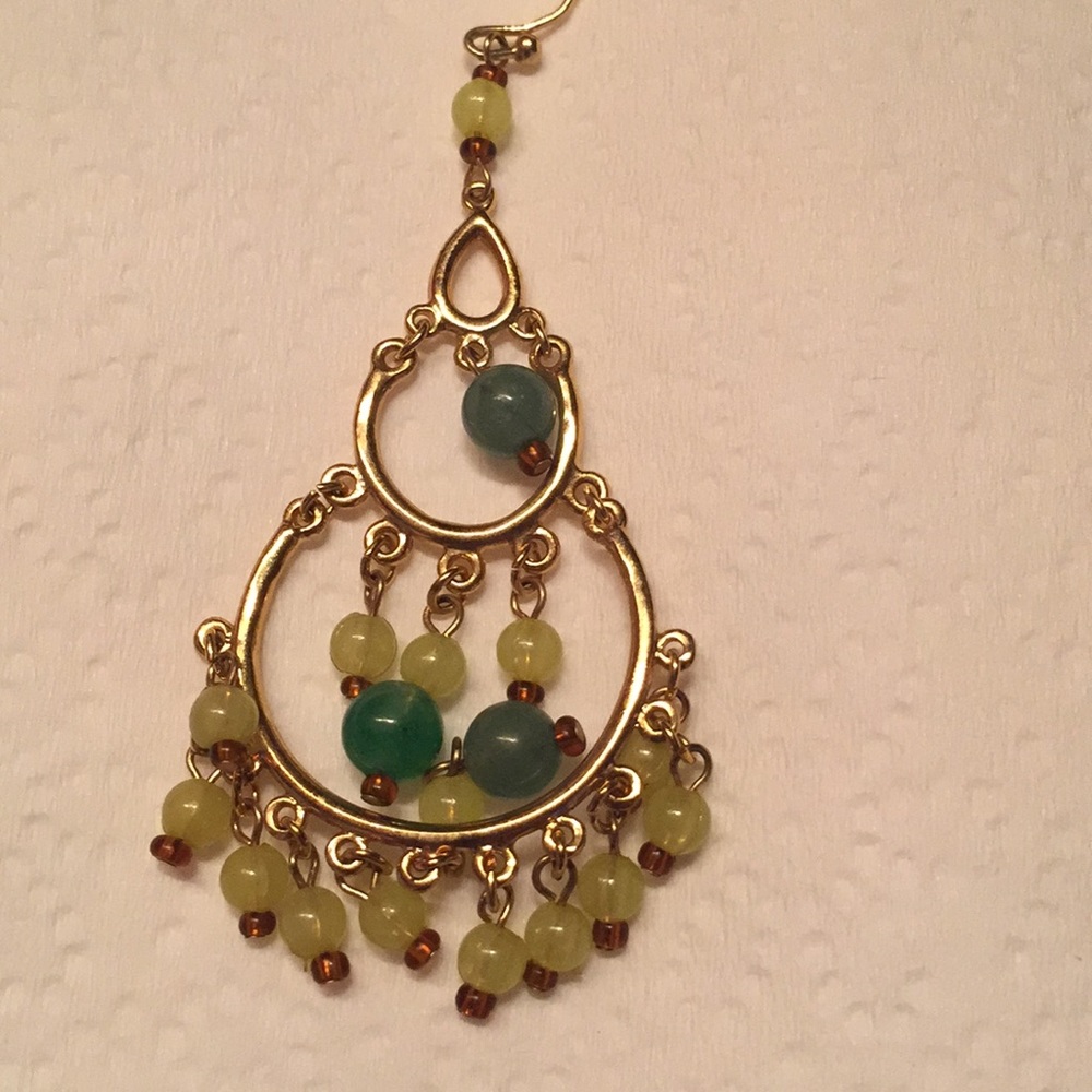 Green Bead Dangle Chandelier Statement Earrings - image 2